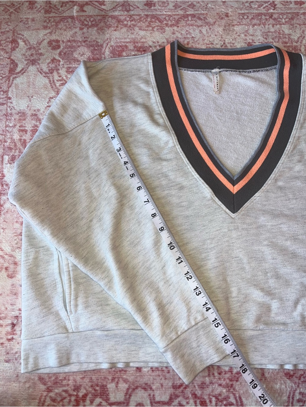 FP Movement by Free People Gray V-Neck Cropped Pullover with Gray and Coral Trim - Picture 9 of 13
